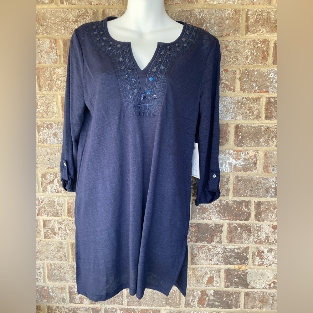 Chico's 100% Linen Long Embroidered Tunic Navy Top Size 0 Small NWT Minimalist